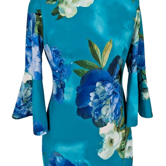 CALVIN KLEIN Midi Dress SIZE 8 Turquoise Blue White Bold Floral Easter GREAT - Picture 7 of 13